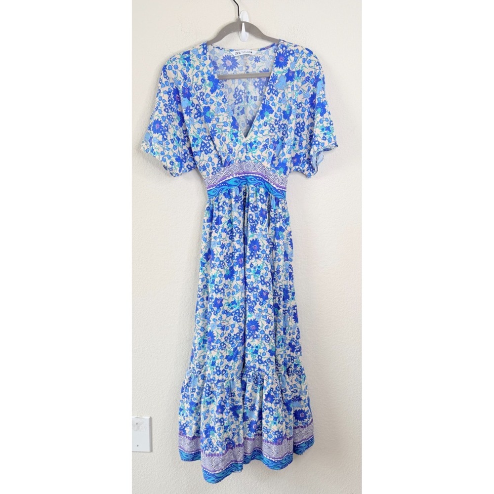 Zara Floral Maxi Dress Women's S Blue White V-Neck Empire Waist Boho Resort - Picture 4 of 10